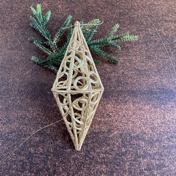 Gold Glitter Plastic Christmas Ornament 5.5" With Geometric Design - Picture 5 of 7
